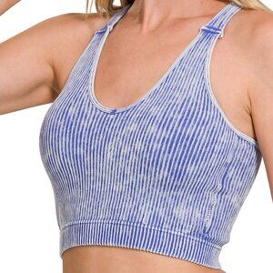 Washed Ribbed Cropped Seamless Bra Padded Tank Top Brami - Light Indigo